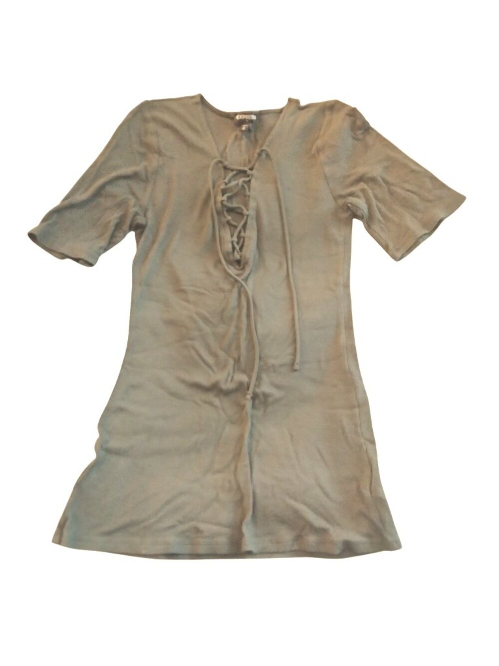 Express Olive Green Ribbed Lace Up Tunic Top Neck Short Sleeves Womens M